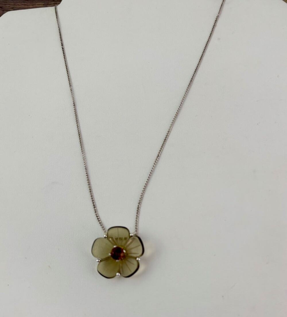 M Signed Smoky Lucite & Faux Citrine Flower Sterling Silver Pendant+ 23”Necklace